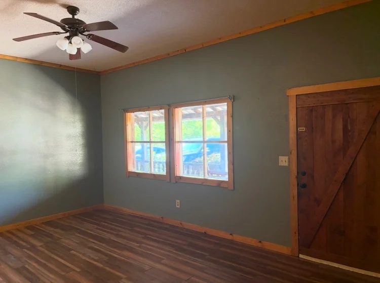 Room with green walls, two windows and a barn-style wood door