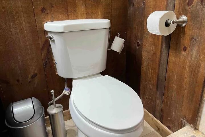 Toilet against barn-wood walls