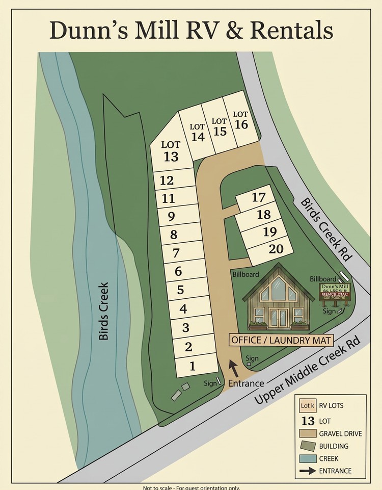Site map of lots 1 to 20: the entrance on Upper Middle Creek Rd, the office and laundry room near Birds Creek Rd, lots 1 to 13 in a row along Birds Creek, and lots 14 to 20 near the drive