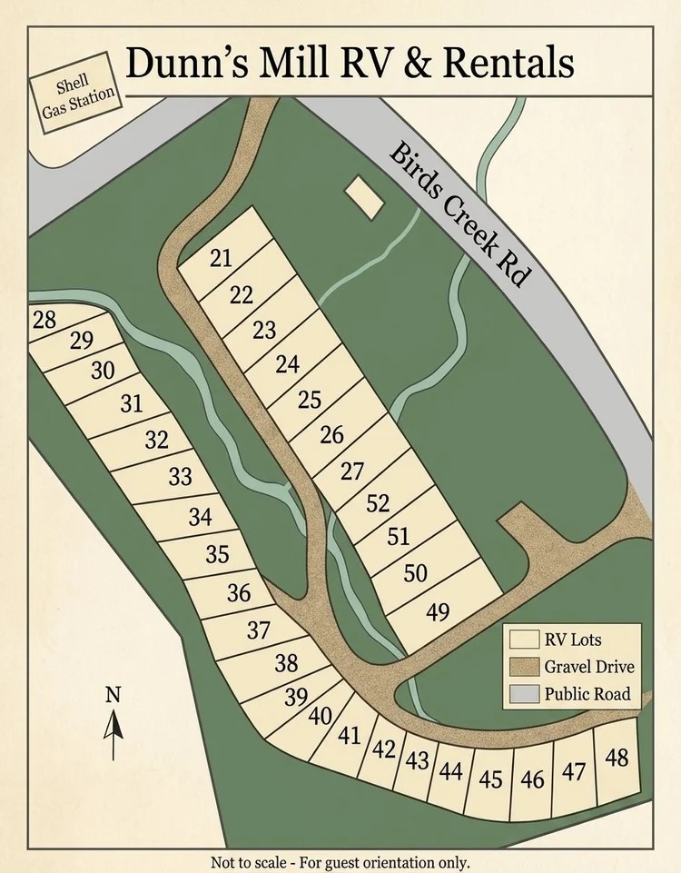 Site map of lots 21 to 52 along Birds Creek Rd, with the gravel drive, the creek and the Shell gas station at the corner