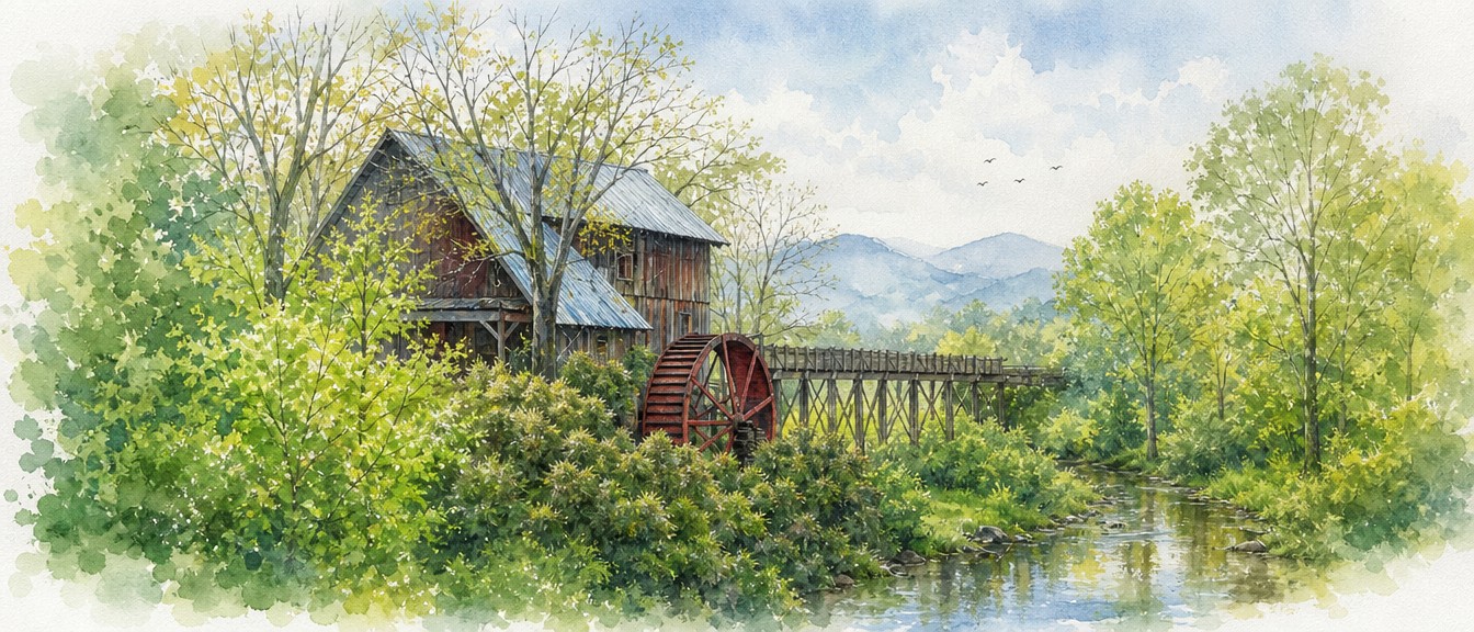 Watercolor painting of an old wooden mill with a red water wheel beside a creek, with spring trees around it and the Smoky Mountains behind