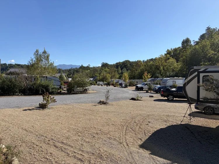 Gravel loop between RV lots, with trees and a mountain on the horizon