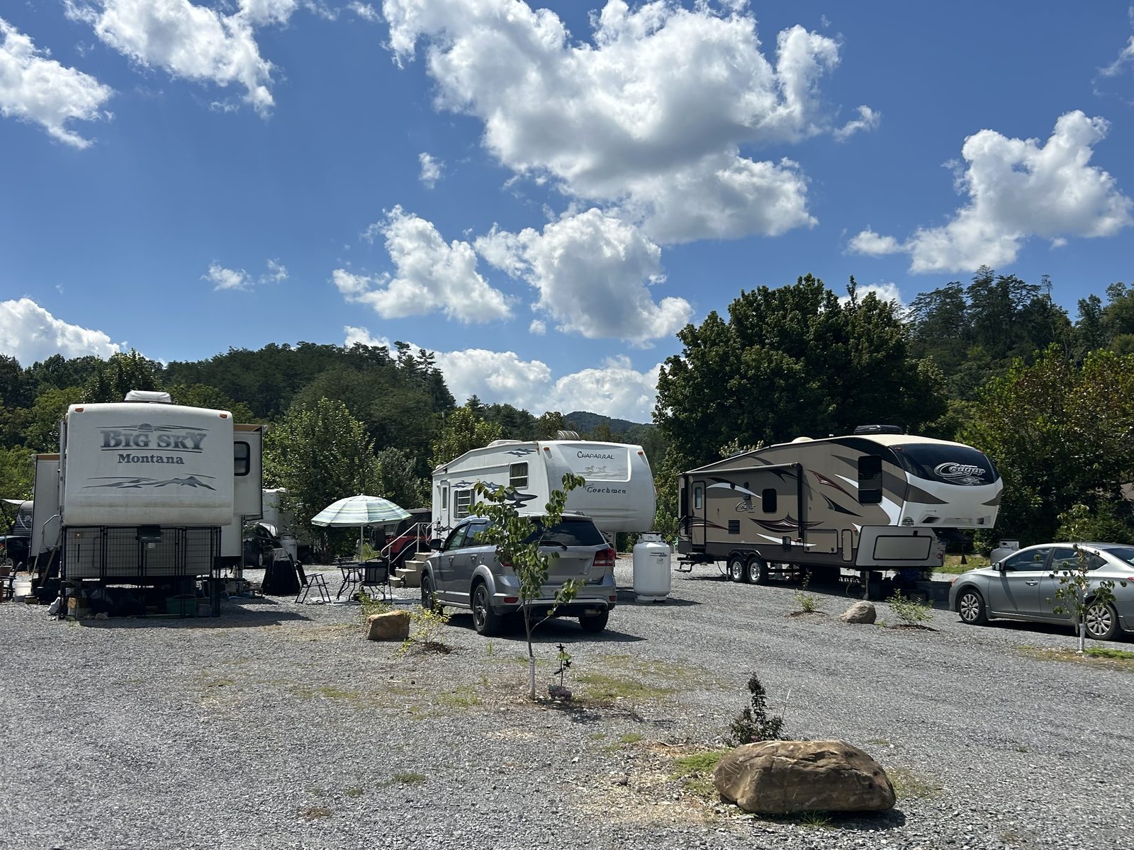 RVs parked on gravel lots under a blue sky, with wooded hills behind